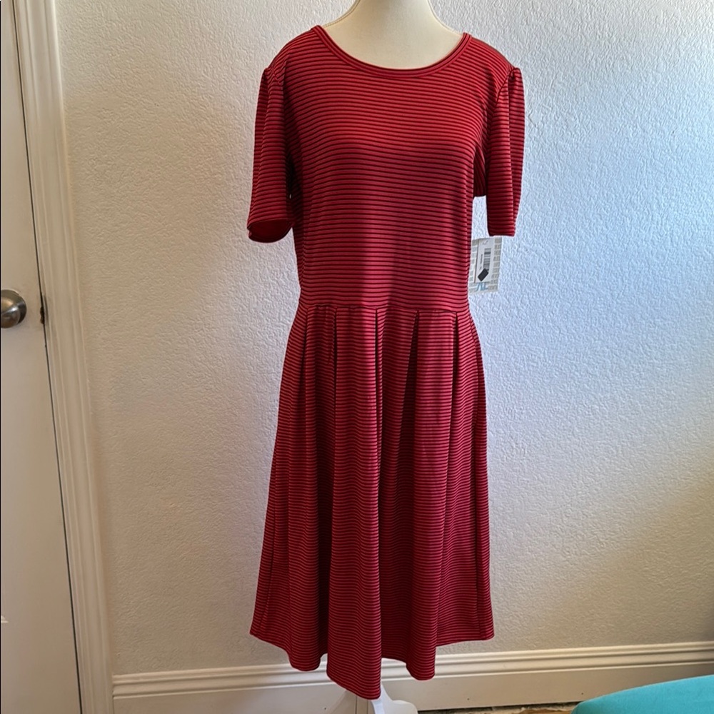 LuLaRoe Amelia Red and Black Striped Midi Dress